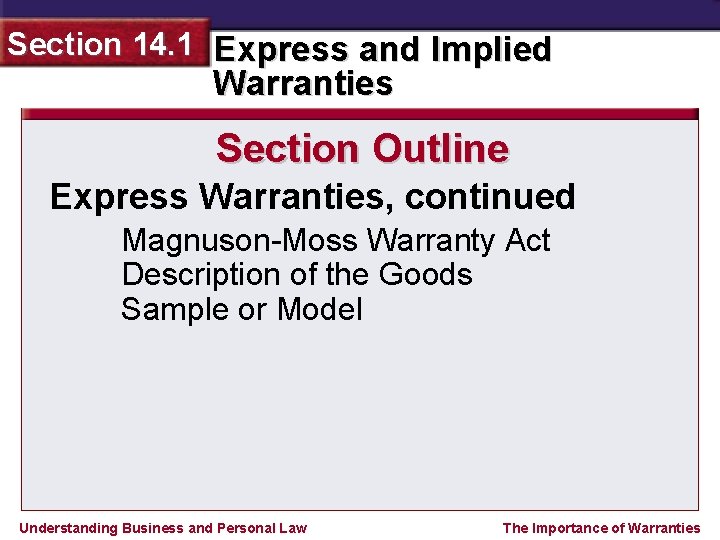 Section 14. 1 Express and Implied Warranties Section Outline Express Warranties, continued Magnuson-Moss Warranty