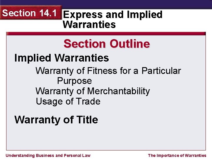 Section 14. 1 Express and Implied Warranties Section Outline Implied Warranties Warranty of Fitness