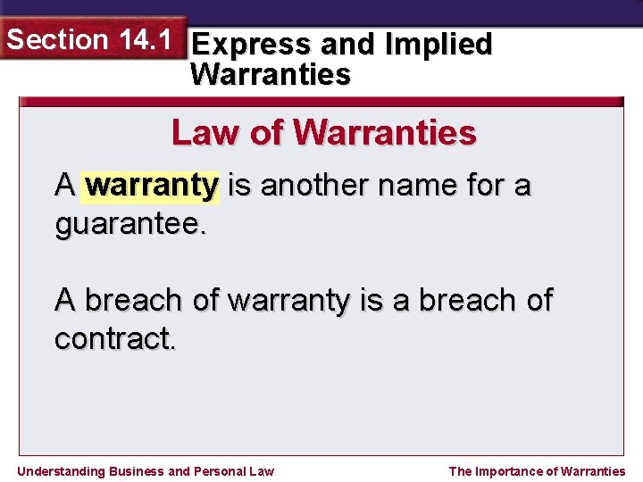 Section 14. 1 Express and Implied Warranties Law of Warranties A warranty is another