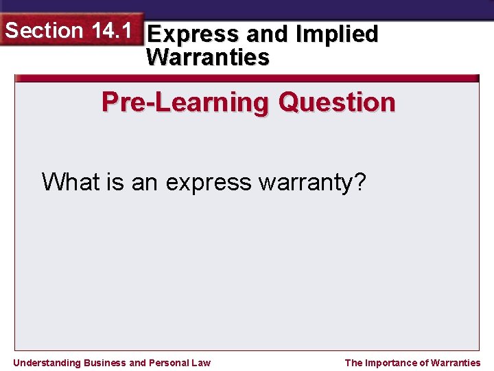 Section 14. 1 Express and Implied Warranties Pre-Learning Question What is an express warranty?