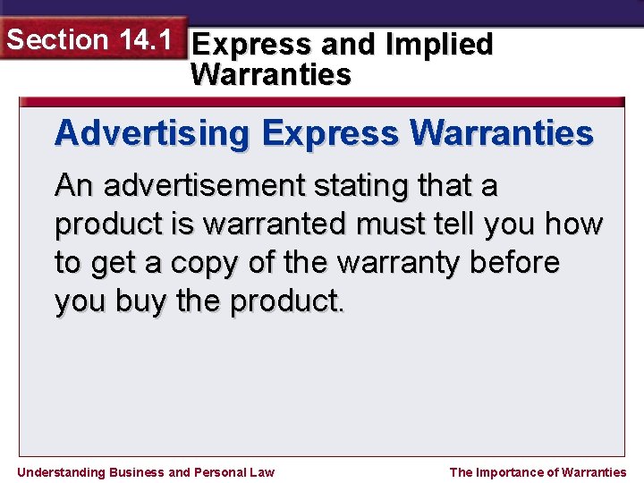 Section 14. 1 Express and Implied Warranties Advertising Express Warranties An advertisement stating that