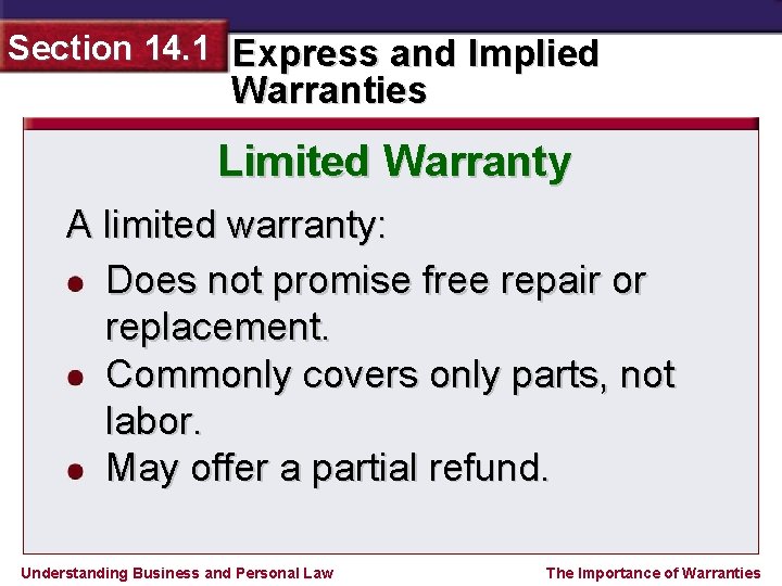 Section 14. 1 Express and Implied Warranties Limited Warranty A limited warranty: Does not