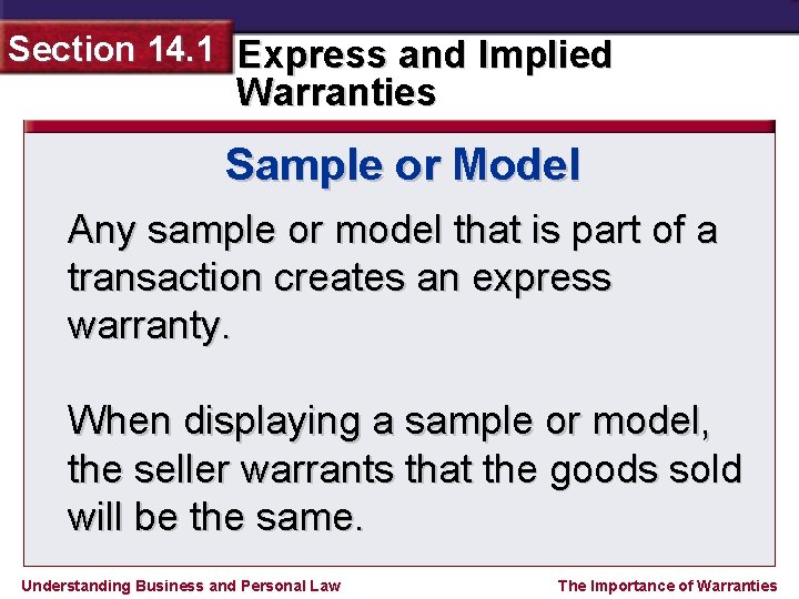 Section 14. 1 Express and Implied Warranties Sample or Model Any sample or model