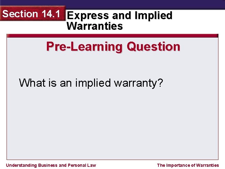 Section 14. 1 Express and Implied Warranties Pre-Learning Question What is an implied warranty?