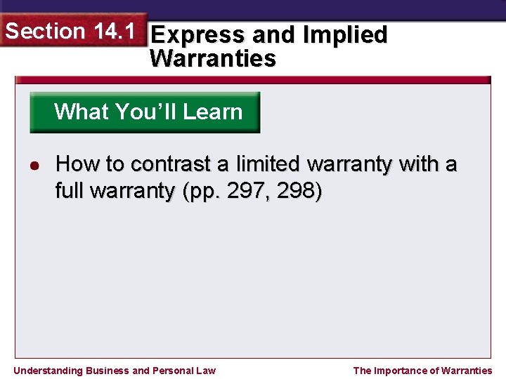 Section 14. 1 Express and Implied Warranties What You’ll Learn How to contrast a