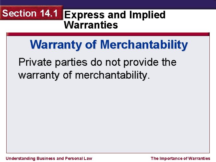 Section 14. 1 Express and Implied Warranties Warranty of Merchantability Private parties do not