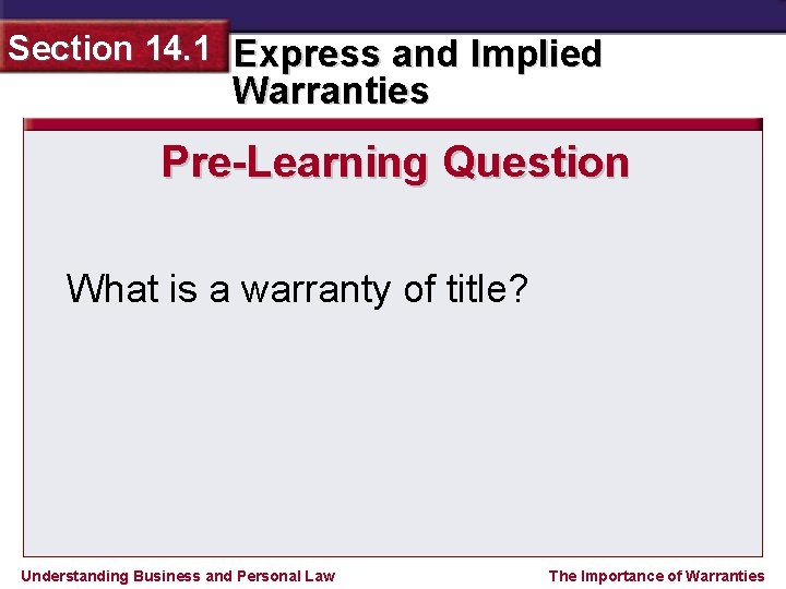 Section 14. 1 Express and Implied Warranties Pre-Learning Question What is a warranty of