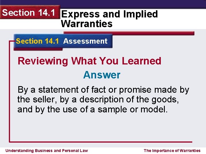 Section 14. 1 Express and Implied Warranties Section 14. 1 Assessment Reviewing What You