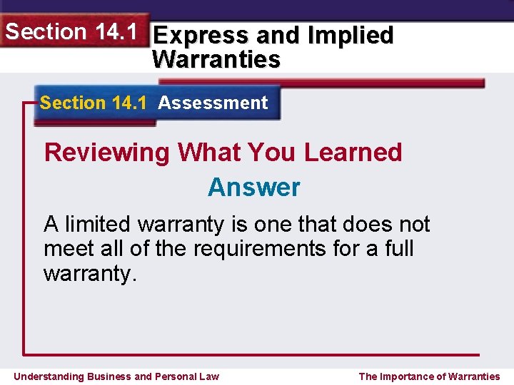 Section 14. 1 Express and Implied Warranties Section 14. 1 Assessment Reviewing What You