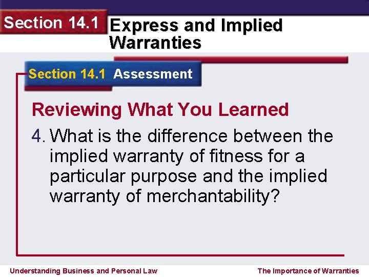 Section 14. 1 Express and Implied Warranties Section 14. 1 Assessment Reviewing What You