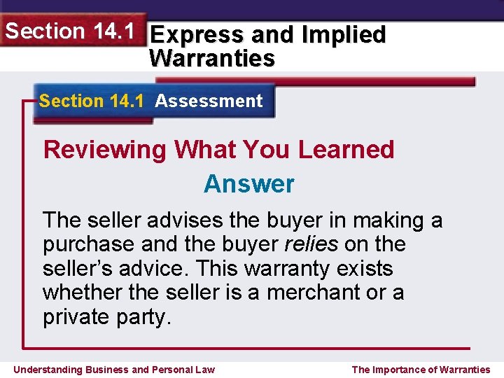 Section 14. 1 Express and Implied Warranties Section 14. 1 Assessment Reviewing What You