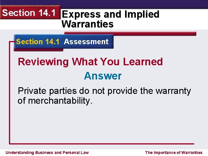 Section 14. 1 Express and Implied Warranties Section 14. 1 Assessment Reviewing What You