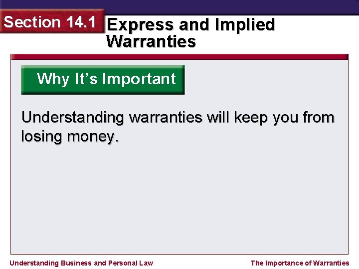 Section 14. 1 Express and Implied Warranties Why It’s Important Understanding warranties will keep