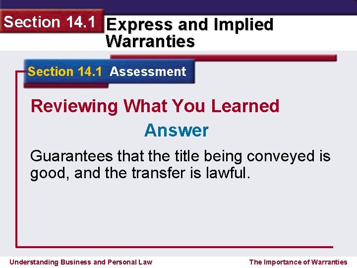 Section 14. 1 Express and Implied Warranties Section 14. 1 Assessment Reviewing What You