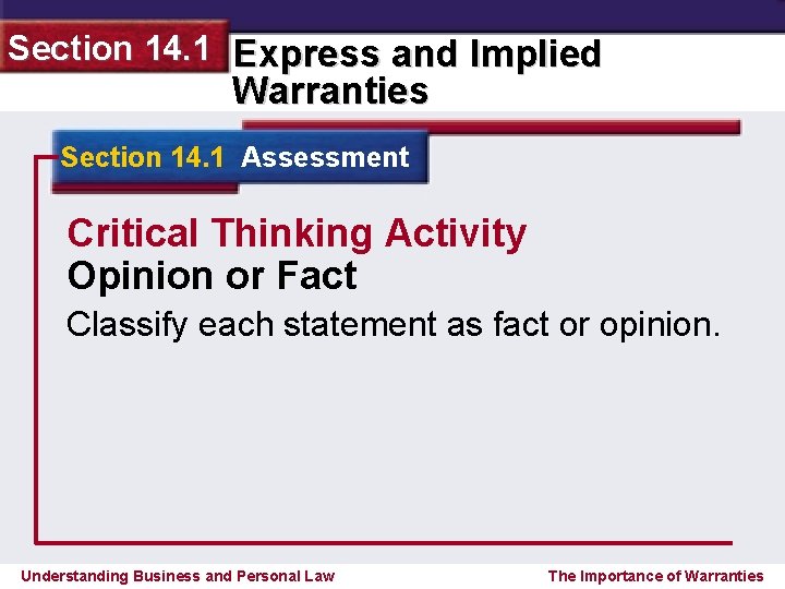 Section 14. 1 Express and Implied Warranties Section 14. 1 Assessment Critical Thinking Activity