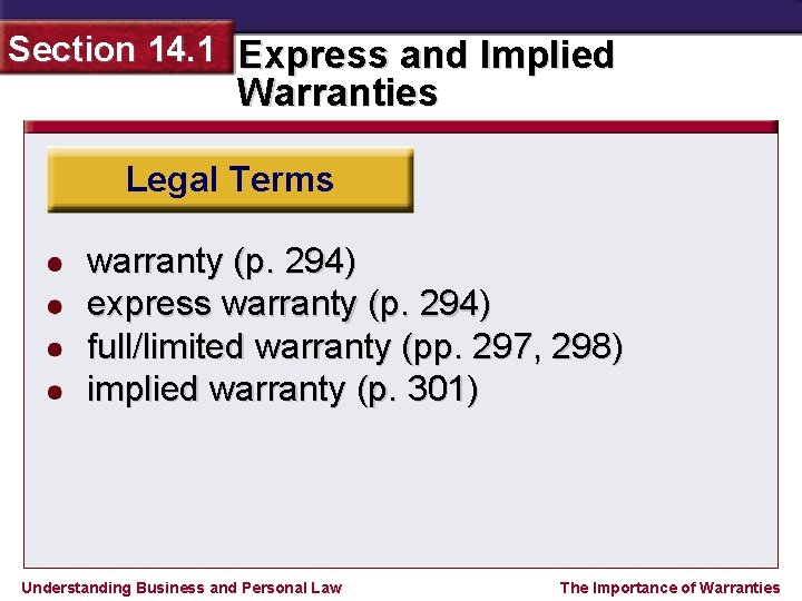 Section 14. 1 Express and Implied Warranties Legal Terms warranty (p. 294) express warranty