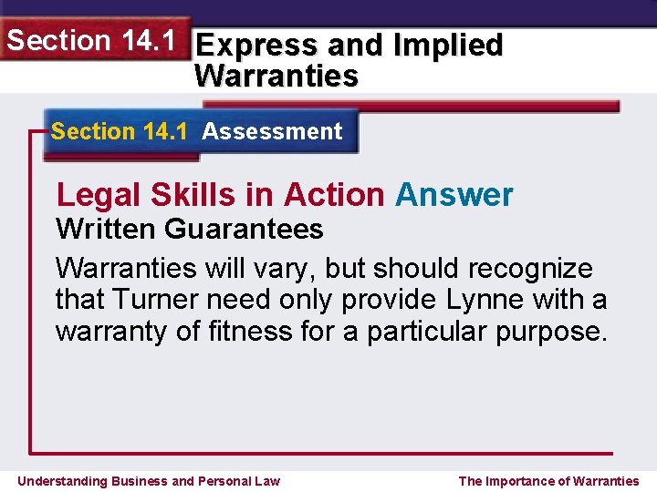 Section 14. 1 Express and Implied Warranties Section 14. 1 Assessment Legal Skills in