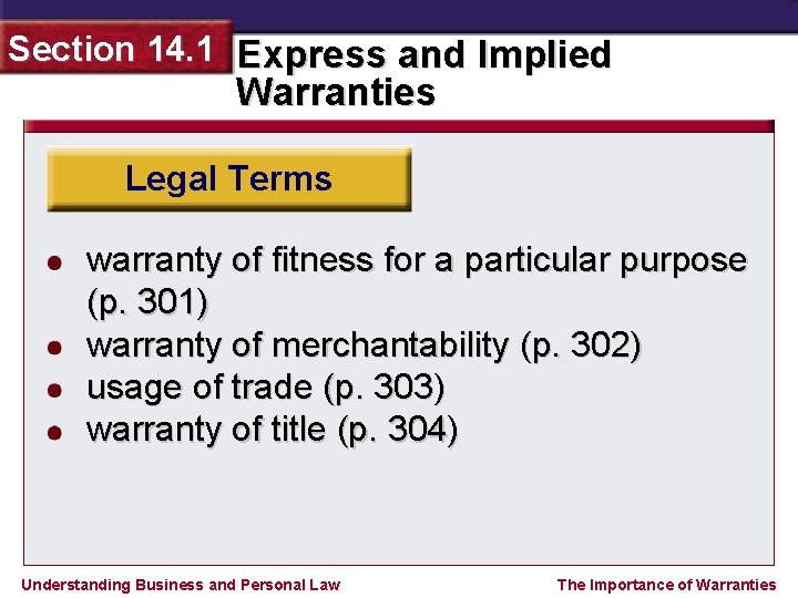 Section 14. 1 Express and Implied Warranties Legal Terms warranty of fitness for a