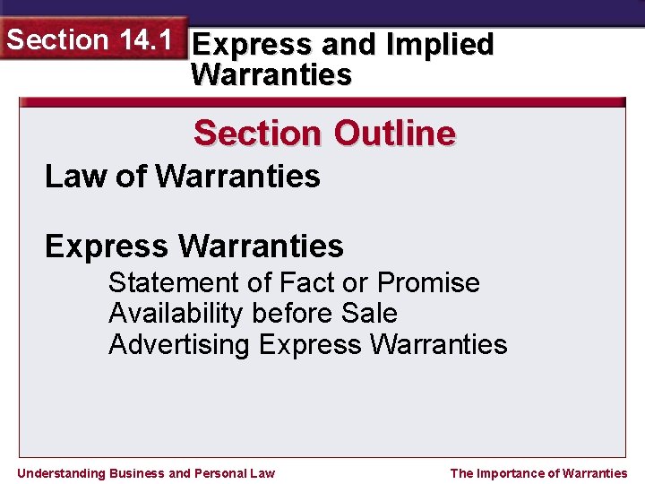 Section 14. 1 Express and Implied Warranties Section Outline Law of Warranties Express Warranties