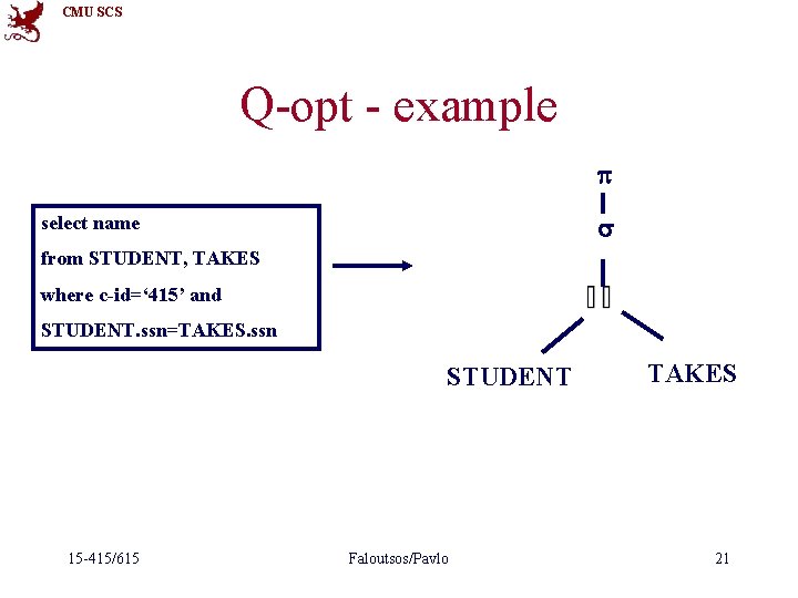 CMU SCS Q-opt - example p s select name from STUDENT, TAKES where c-id=‘