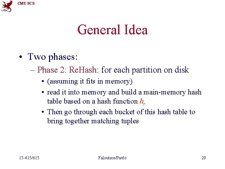 CMU SCS General Idea • Two phases: – Phase 2: Re. Hash: for each