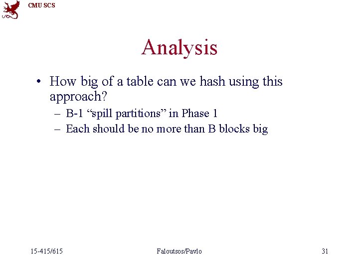 CMU SCS Analysis • How big of a table can we hash using this