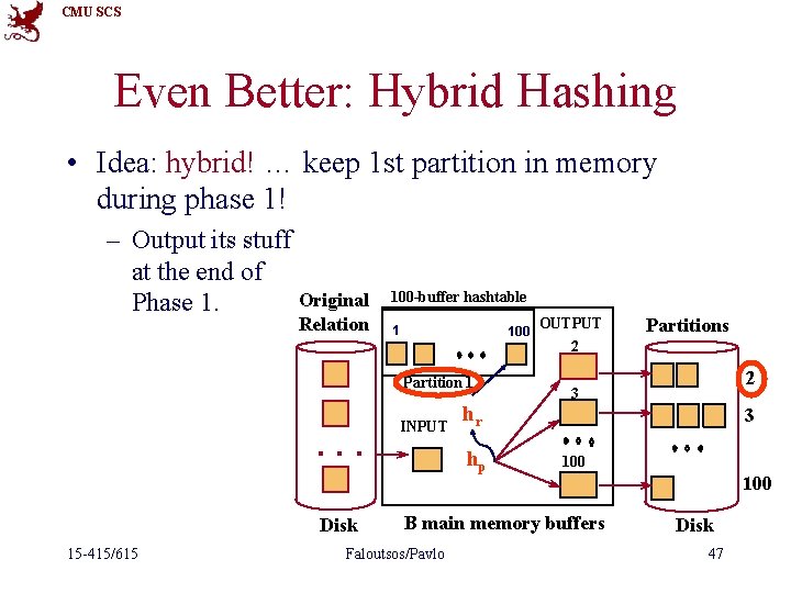 CMU SCS Even Better: Hybrid Hashing • Idea: hybrid! … keep 1 st partition