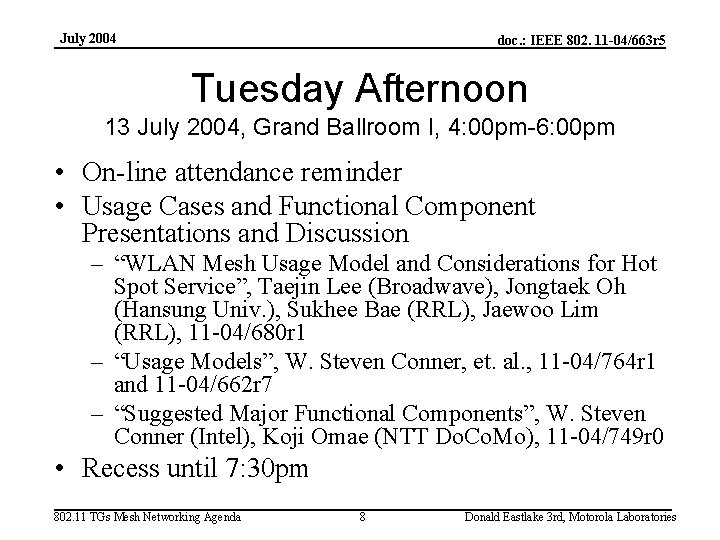 July 2004 doc. : IEEE 802. 11 -04/663 r 5 Tuesday Afternoon 13 July