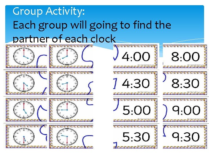 Group Activity: Each group will going to find the partner of each clock 