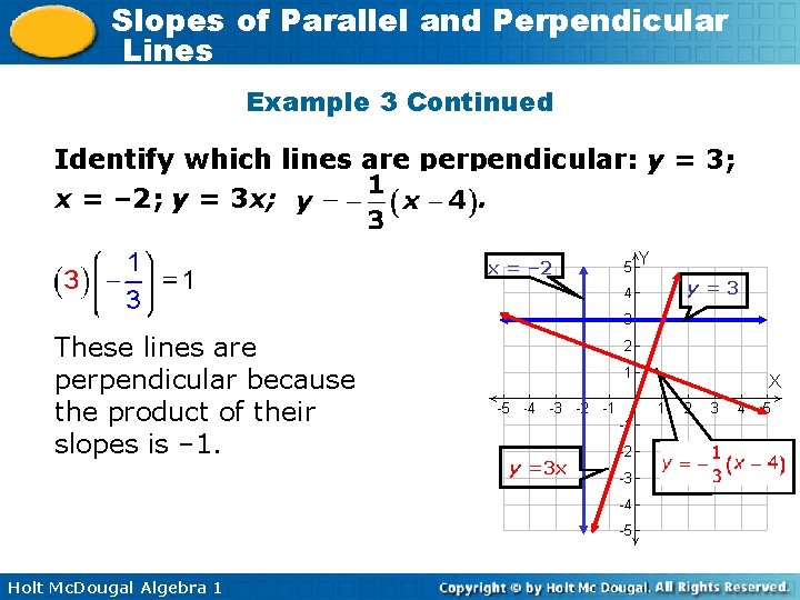 Slopes of Parallel and Perpendicular Lines Example 3 Continued Identify which lines are perpendicular: