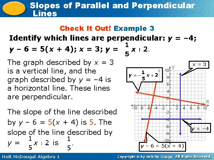 Slopes of Parallel and Perpendicular Lines Check It Out! Example 3 Identify which lines
