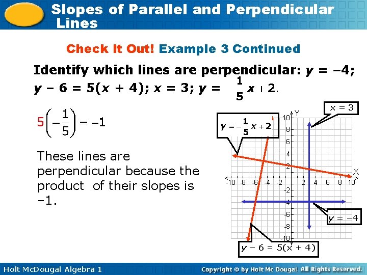 Slopes of Parallel and Perpendicular Lines Check It Out! Example 3 Continued Identify which