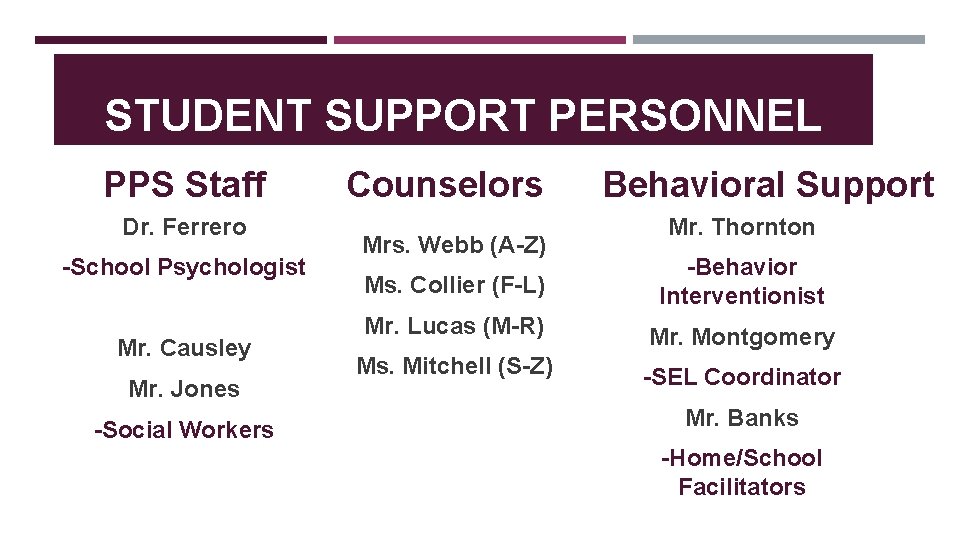 STUDENT SUPPORT PERSONNEL PPS Staff Dr. Ferrero -School Psychologist Mr. Causley Mr. Jones -Social