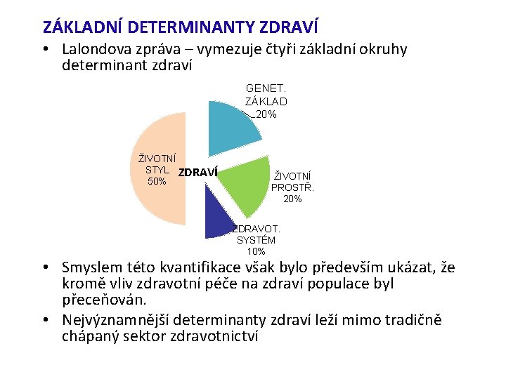 ZÁKLADNÍ DETERMINANTY ZDRAVÍ • Lalondova zpráva – vymezuje čtyři základní okruhy determinant zdraví GENET.