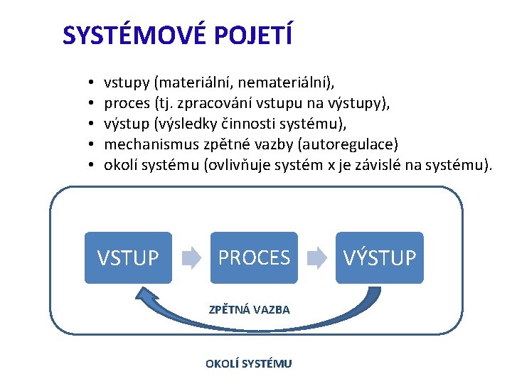 SYSTÉMOVÉ POJETÍ • • • vstupy (materiální, nemateriální), proces (tj. zpracování vstupu na výstupy),