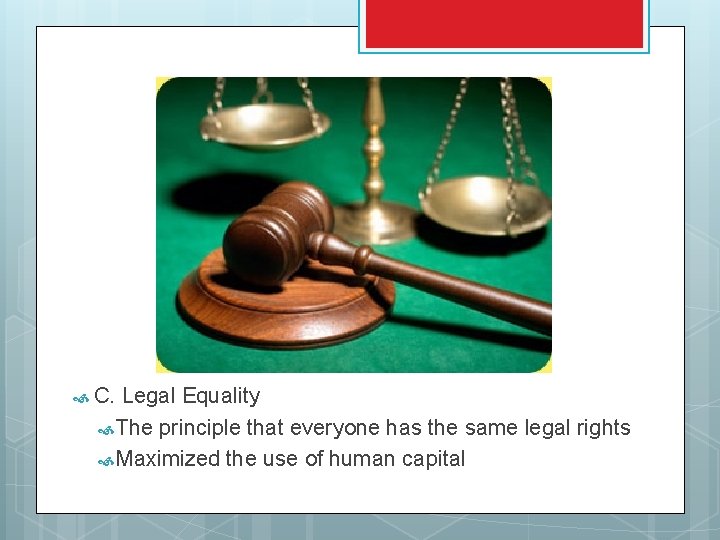  C. Legal Equality The principle that everyone has the same legal rights Maximized