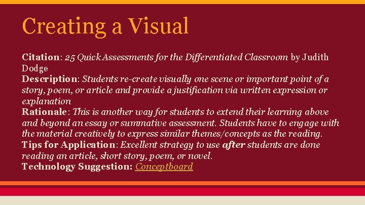 Creating a Visual Citation: 25 Quick Assessments for the Differentiated Classroom by Judith Dodge