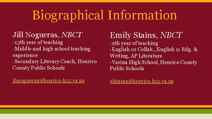 Biographical Information Jill Nogueras, NBCT -13 th year of teaching -Middle and high school
