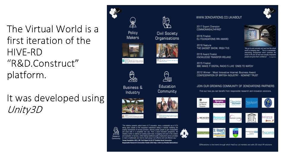 The Virtual World is a first iteration of the HIVE-RD “R&D. Construct” platform. It