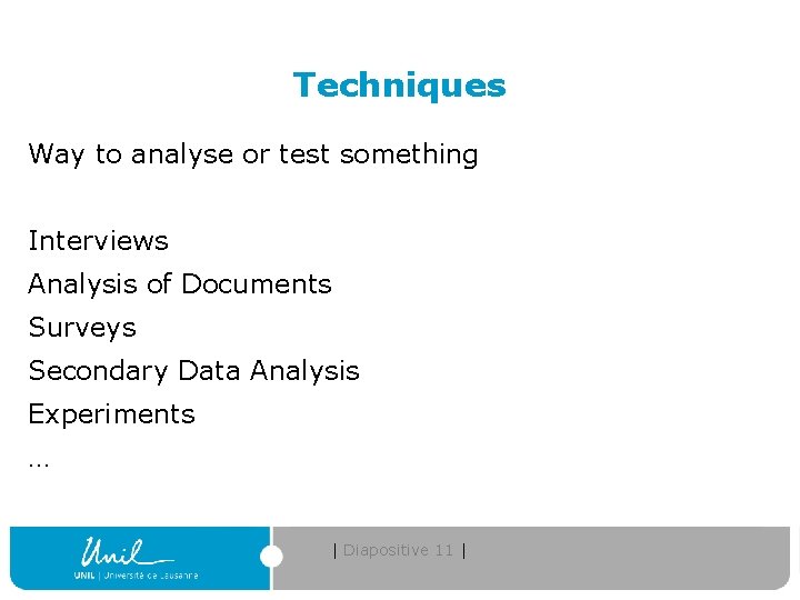 Techniques Way to analyse or test something Interviews Analysis of Documents Surveys Secondary Data