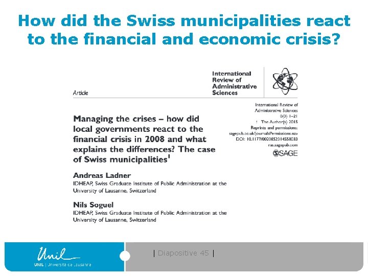 How did the Swiss municipalities react to the financial and economic crisis? | Diapositive