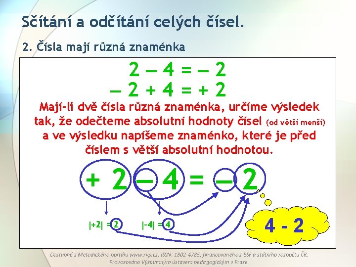 Sčítání a odčítání celých čísel. 2. Čísla mají různá znaménka 2 4= 2 2+4=+2