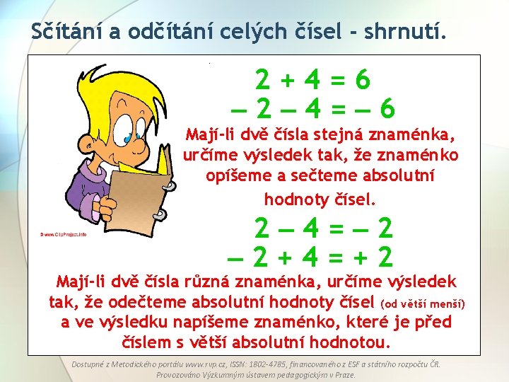 Sčítání a odčítání celých čísel - shrnutí. 2+4=6 2 4= 6 Mají-li dvě čísla