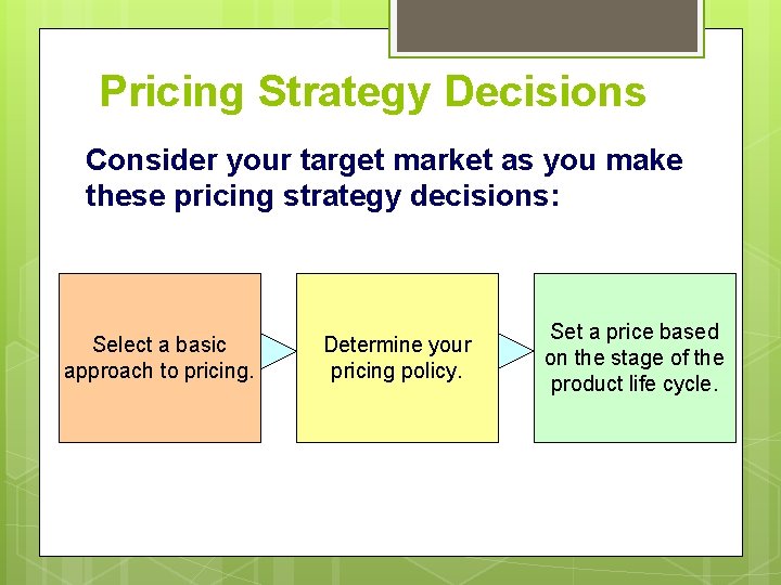 Pricing Strategy Decisions Consider your target market as you make these pricing strategy decisions: