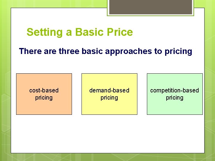 Setting a Basic Price There are three basic approaches to pricing cost-based pricing demand-based