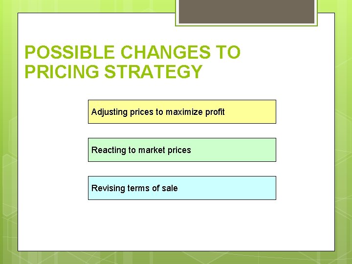 POSSIBLE CHANGES TO PRICING STRATEGY Adjusting prices to maximize profit Reacting to market prices