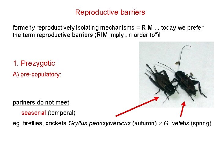 Reproductive barriers formerly reproductively isolating mechanisms = RIM. . . today we prefer the