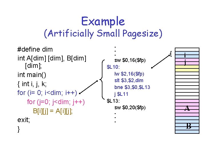 Example (Artificially Small Pagesize) #define dim int A[dim], B[dim]; int main() { int i,