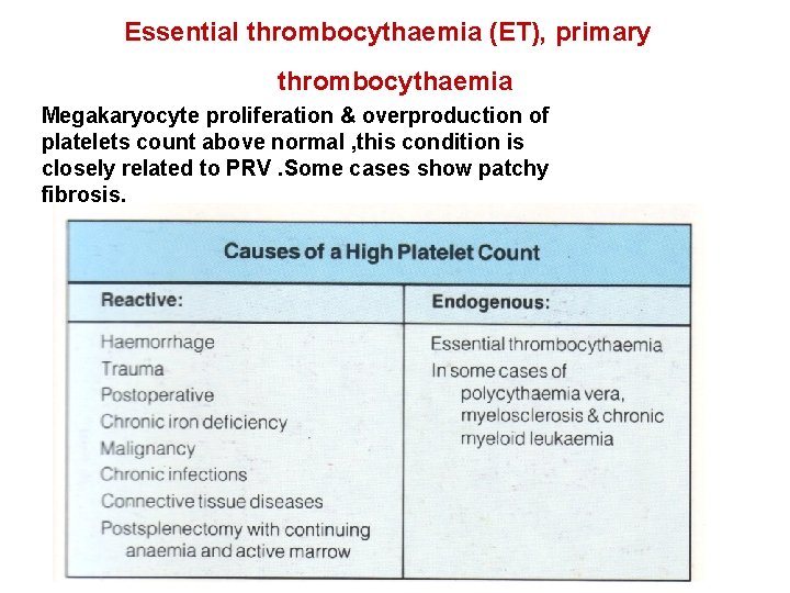 Essential thrombocythaemia (ET), primary thrombocythaemia Megakaryocyte proliferation & overproduction of platelets count above normal