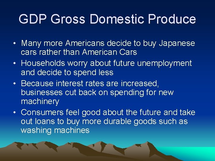 GDP Gross Domestic Produce • Many more Americans decide to buy Japanese cars rather